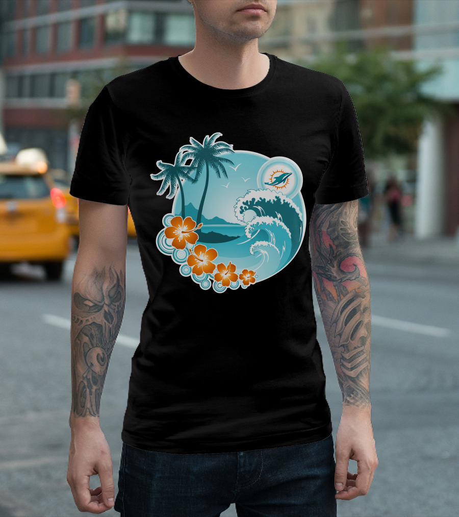 Miami Dolphins Happy Holidays Tropical Wave And Palm Trees Scene T-Shirt