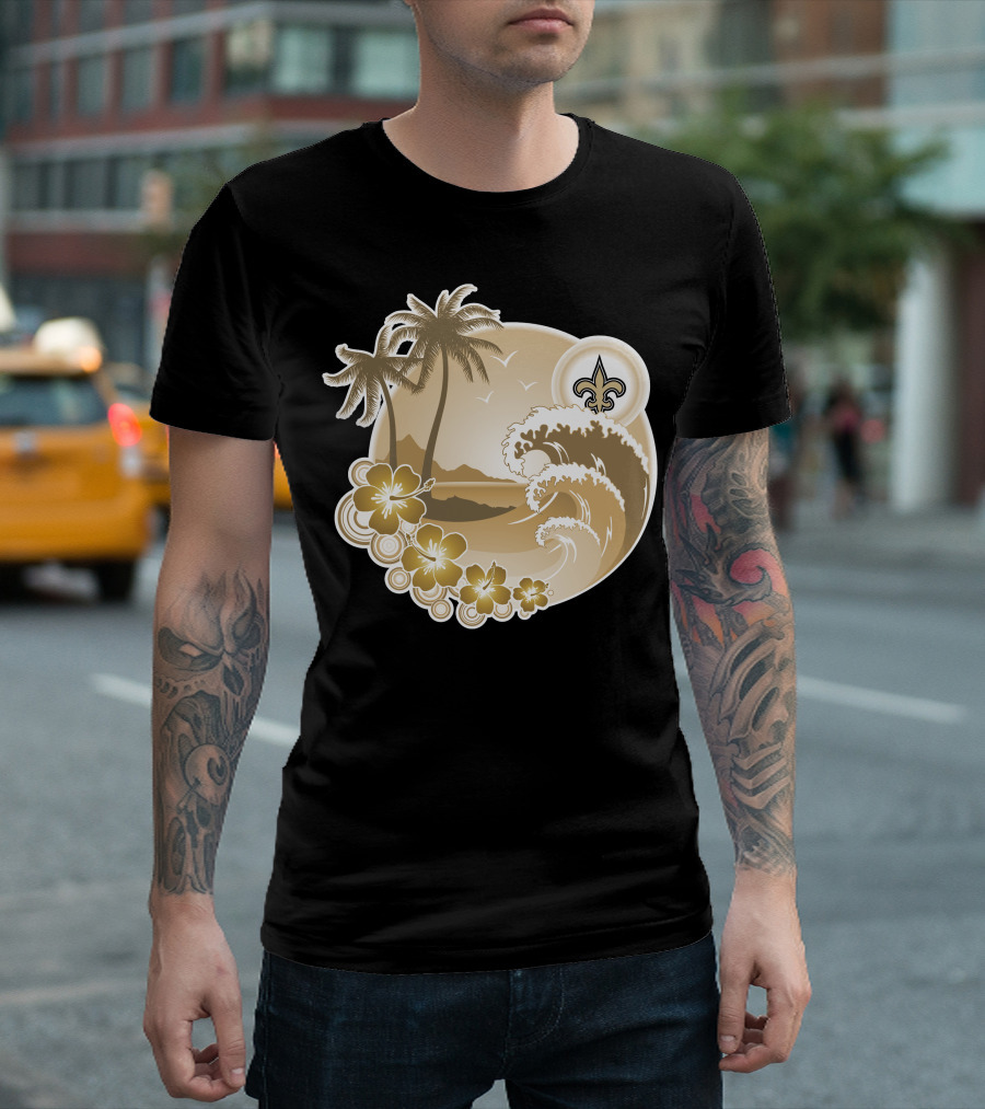 New Orleans Saints Happy Holidays Fleur-De-Lis Tropical Scene T-Shirt