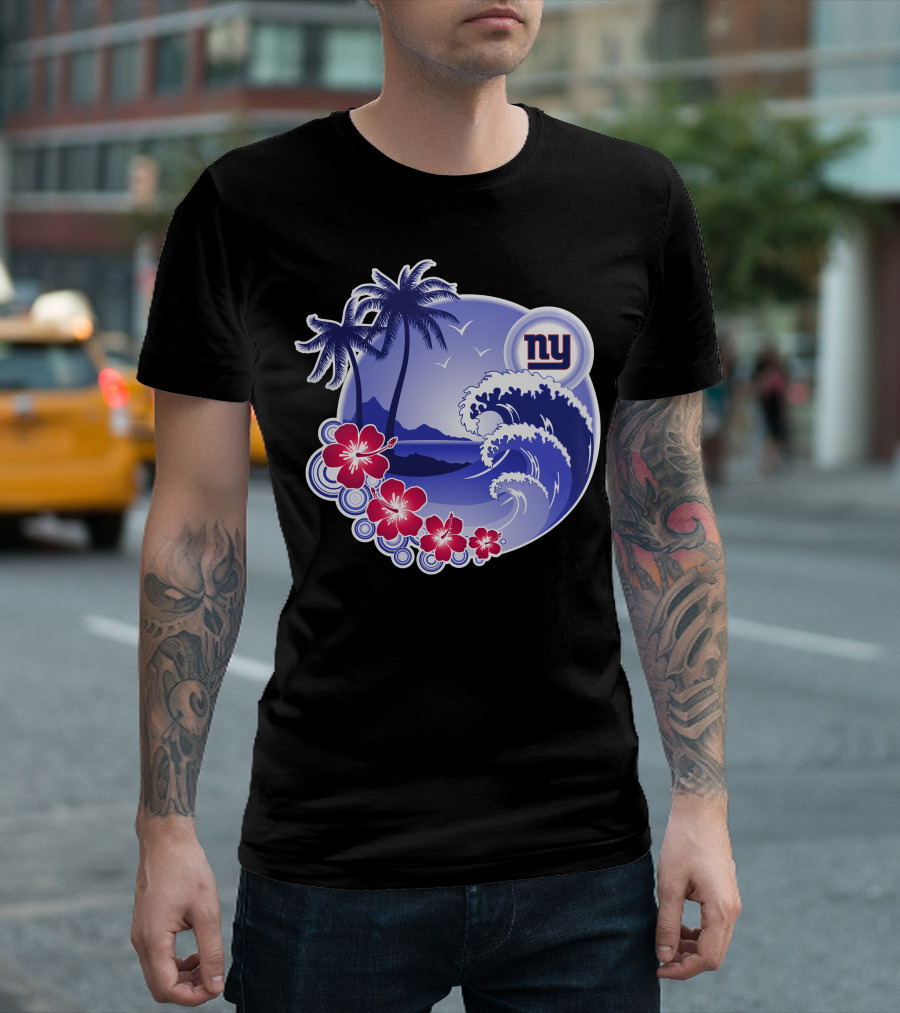 New York Giants Tropical Island Wave And Palm Trees T-Shirt