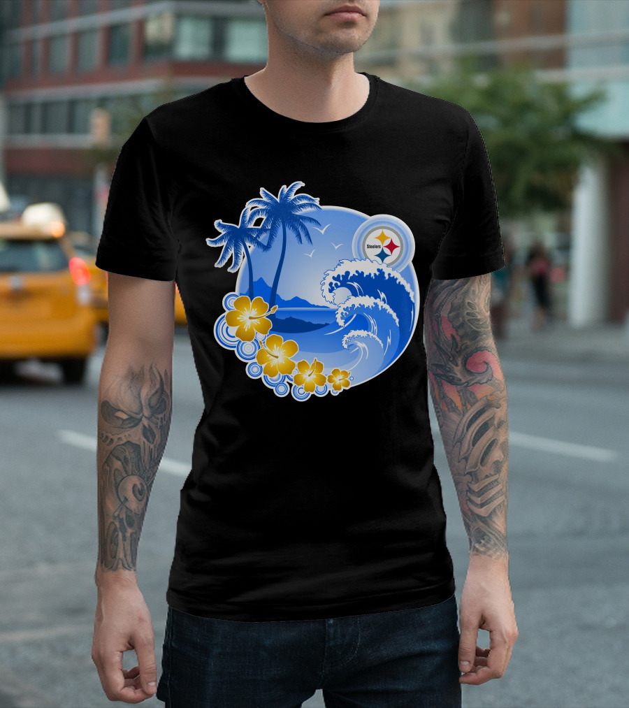 Pittsburgh Steelers Happy Holidays Tropical Waves Palm Trees Flowers T-Shirt