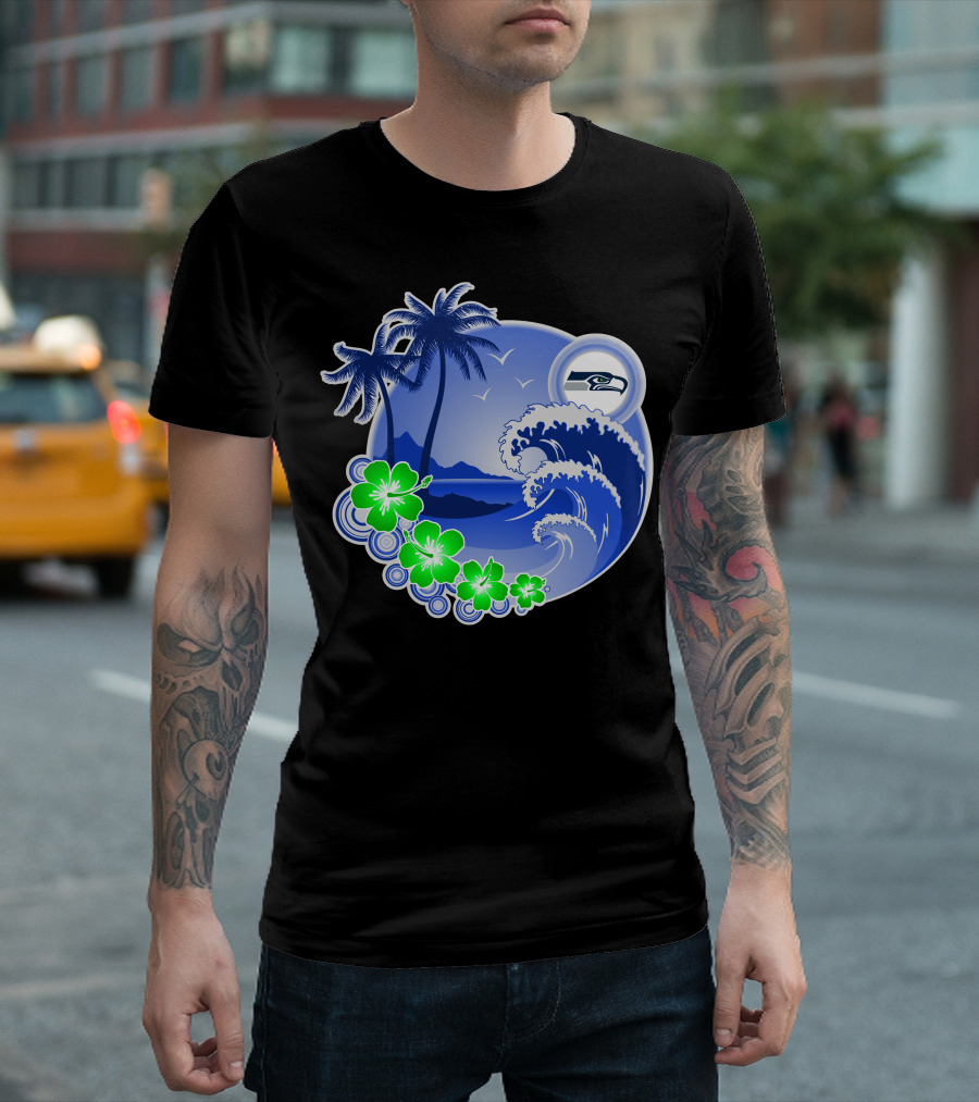 Seattle Seahawks Tropical Beach Happy Holidays Wave And Palm Trees T-Shirt