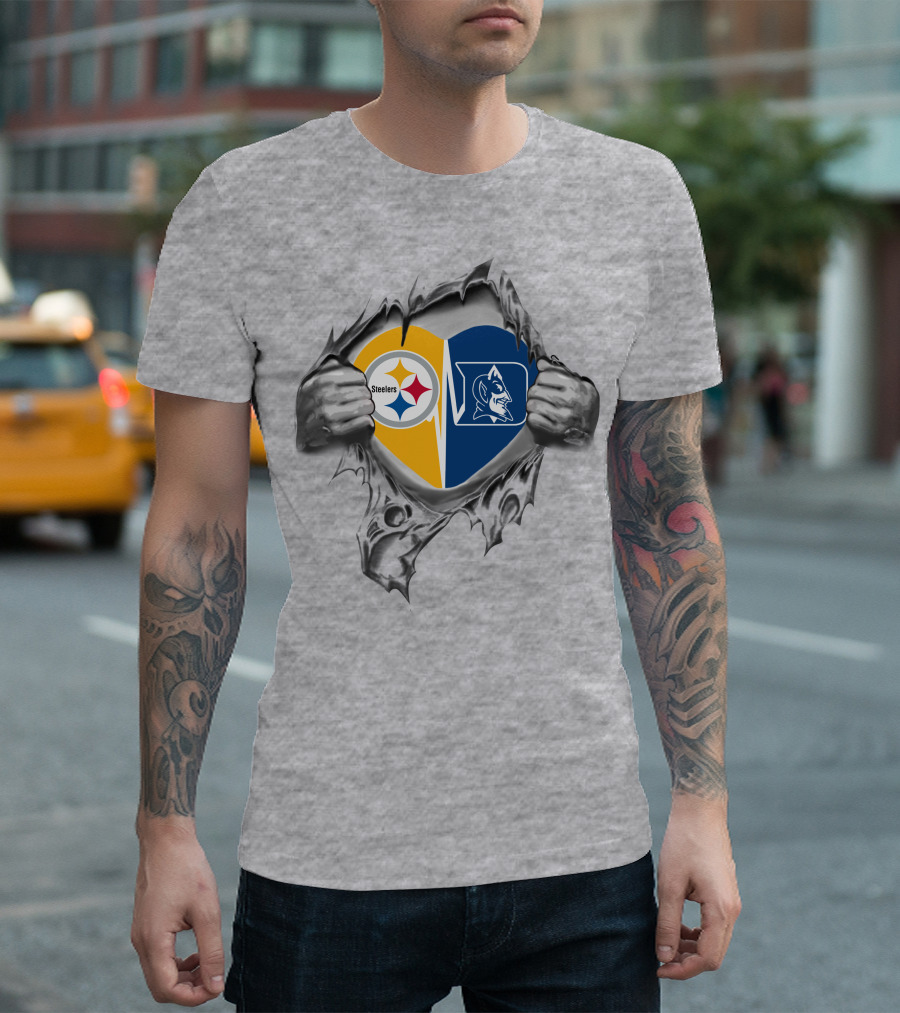 Steelers Duke Blue Devils Heart With Logos Inside Ripped Hands T-Shirt