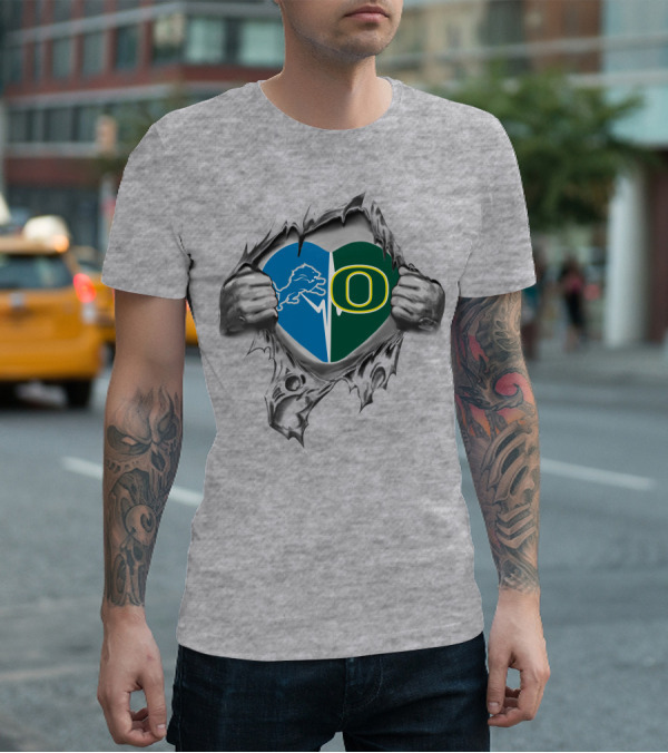 Lions Oregon Ducks Heart Design With Torn Effect And Team Logos T-Shirt