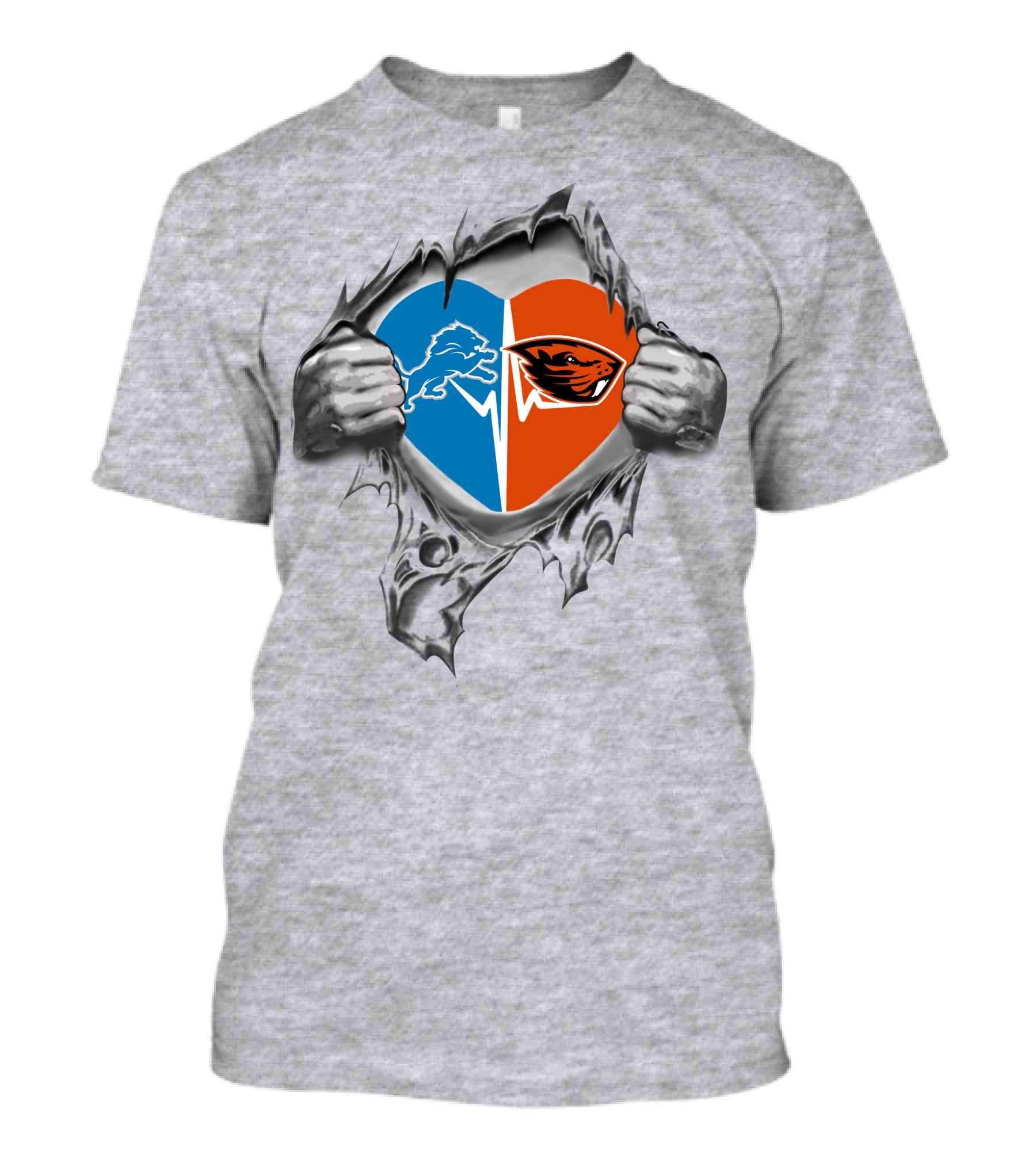 Lions Oregon State Beavers Heart Design With Logos And Ripped Hands T-Shirt