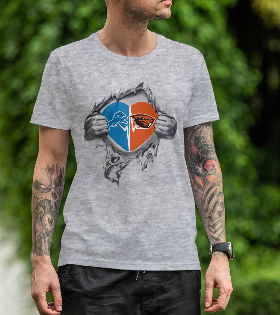 Lions Oregon State Beavers Heart Design With Logos And Ripped Hands T-Shirt