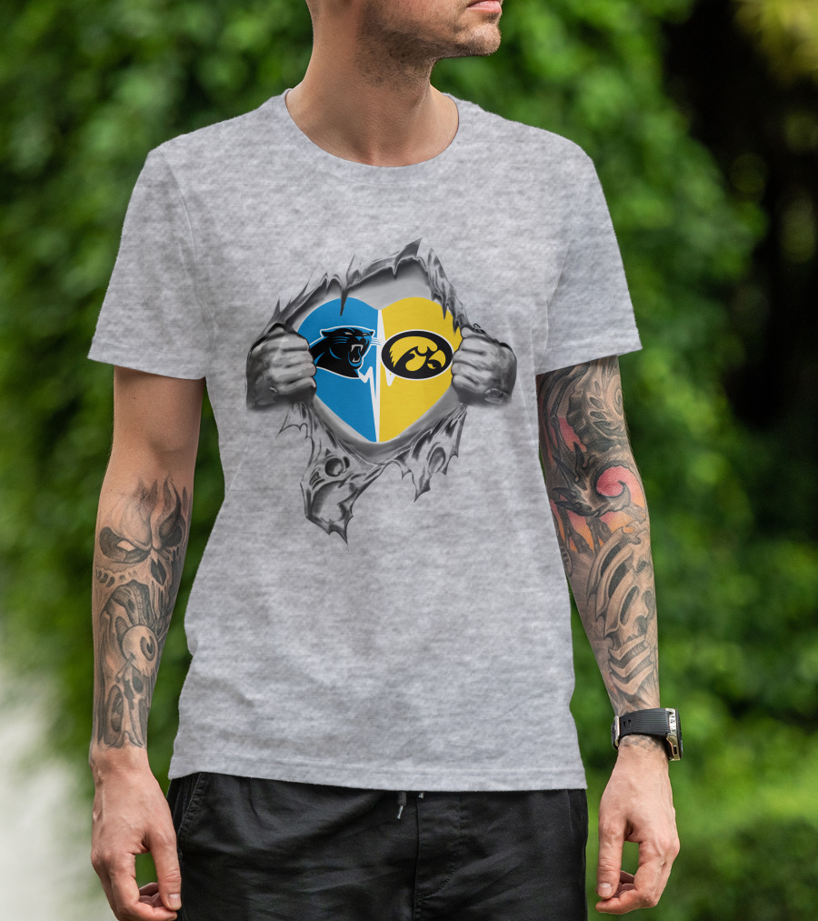 Panthers Iowa Hawkeyes Heart Design Combining Blue And Yellow Team Logos T-Shirt