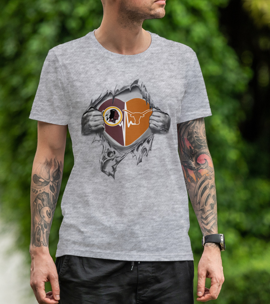 Redskins Texas Longhorns Heartbeat Design With Torn Effect T-Shirt