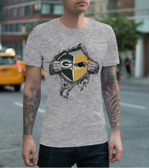 Green Bay Packers Milwaukee Panthers Heart Logo Fan Tribute T-Shirt