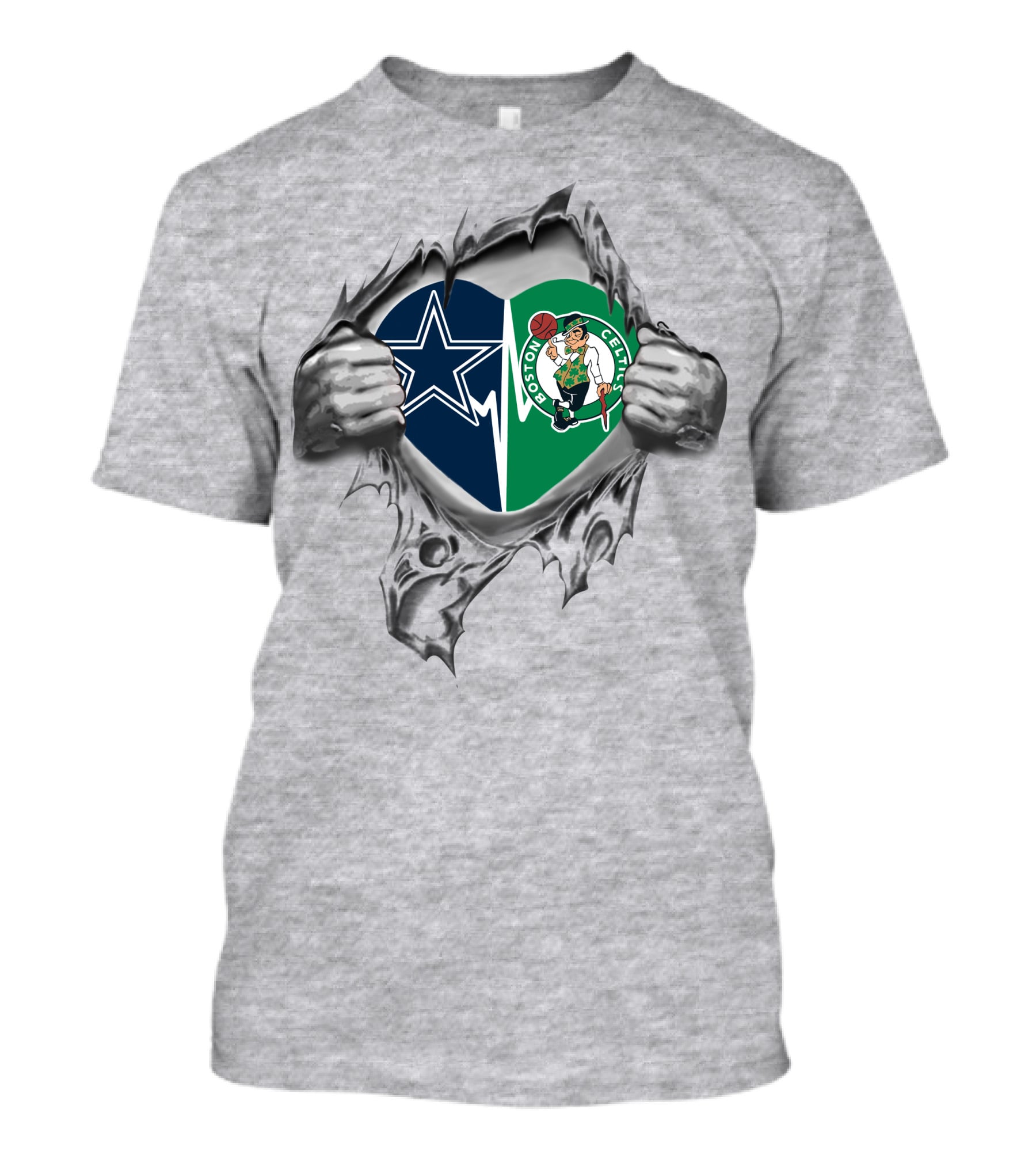 Cowboys Boston Celtics Heart Silver Torn Fabric Hands T-Shirt