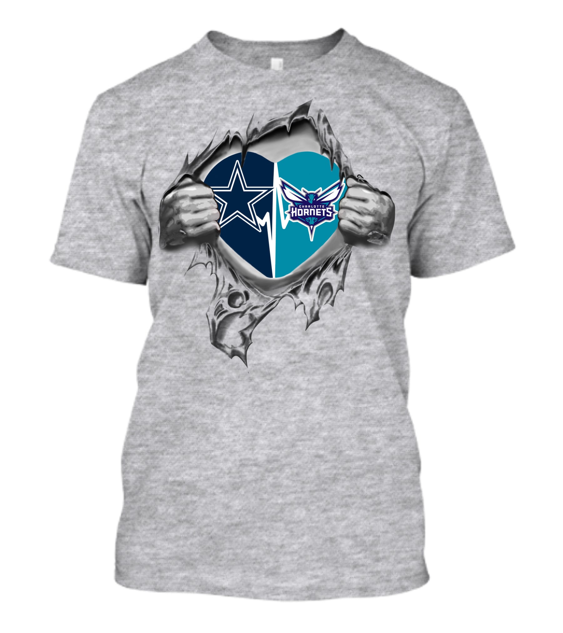 Cowboys Charlotte Hornets Heart Torn Open T-Shirt