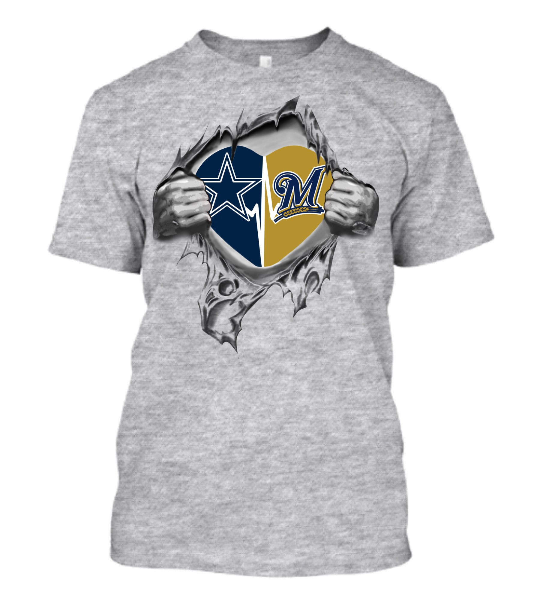 Cowboys Milwaukee Brewers Heart Design With Teams' Logos Inside Torn Effect T-Shirt