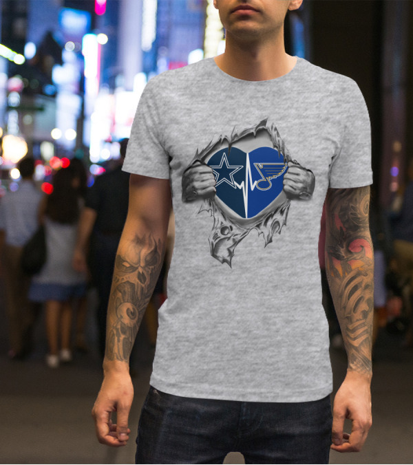 Cowboys Heartbeat St Louis Blues Logos Torn Heart T-Shirt