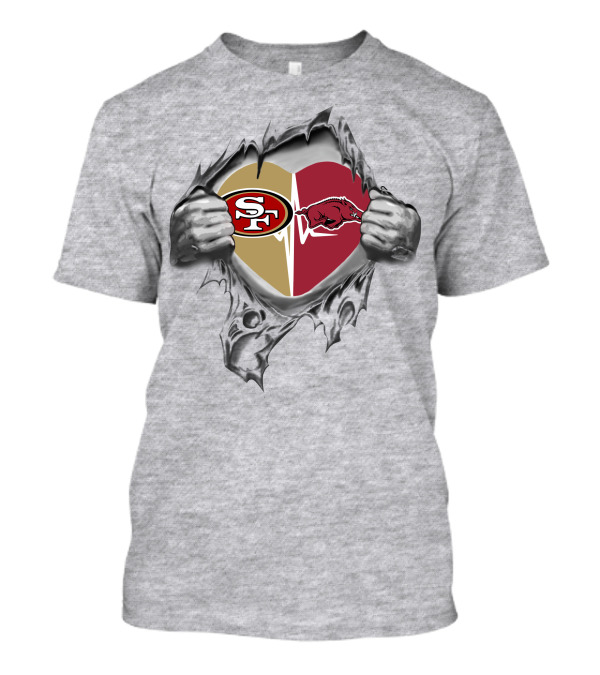 49ers Arkansas Razorbacks Heart With Logos And Ripped T-Shirt