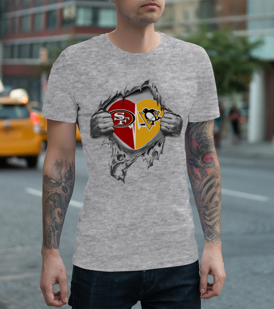 49ers Pittsburgh Penguins Heart Divided Logo Tear T-Shirt