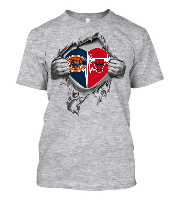 Bears Chicago Bulls Heart With Logos Peeking Through Torn Fabric T-Shirt