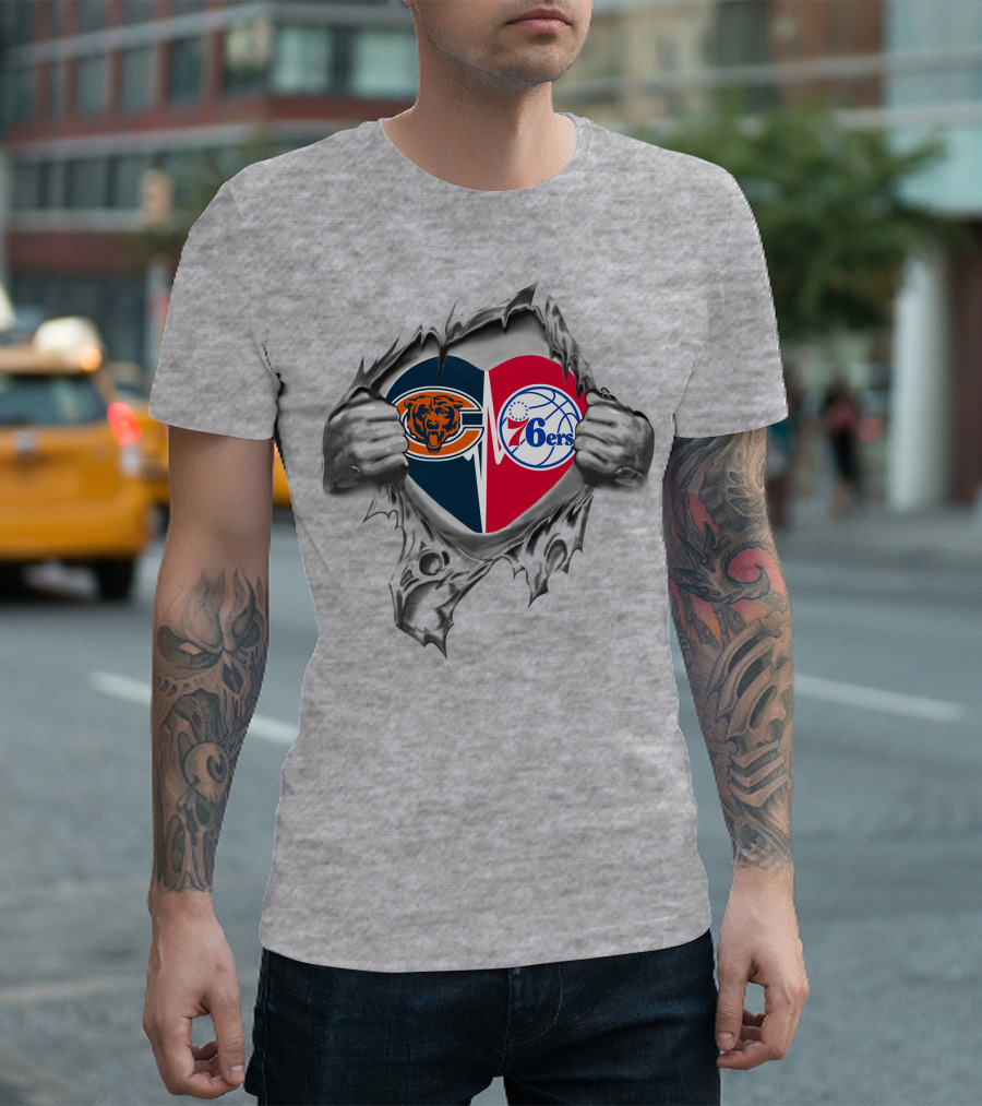 Bears Chicago And Philadelphia 76ers Heart Symbol Torn T-Shirt