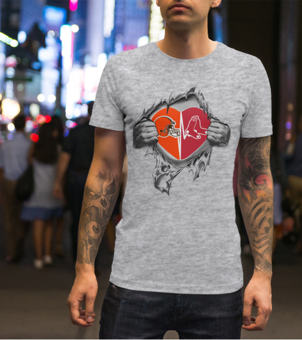Browns Boston Red Sox Heart Split Football Baseball Loyalty T-Shirt