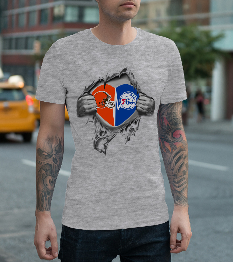 Browns 76ers Nfl Nba Heart Logo Fusion T-Shirt