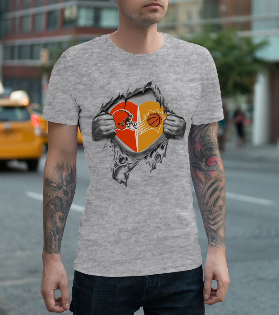 Browns Phoenix Suns Heart With Football And Basketball Logos T-Shirt