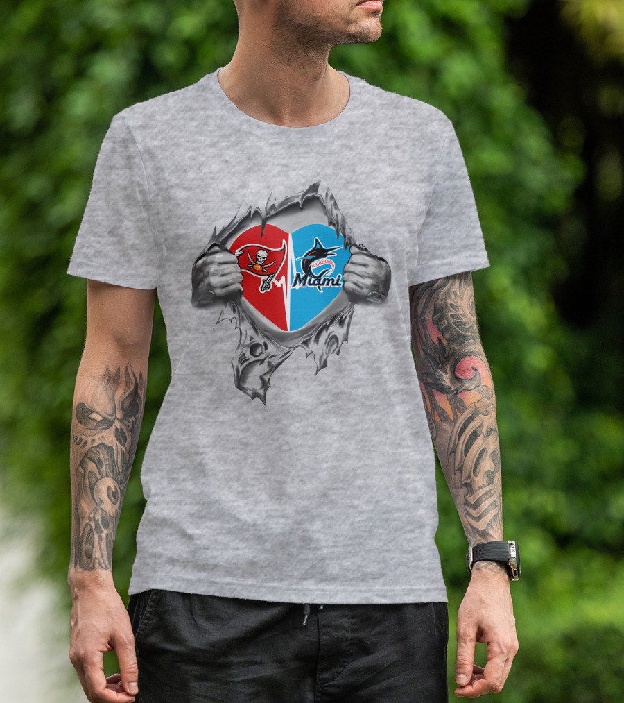 Buccaneers And Miami Marlins Heart Rip T-Shirt