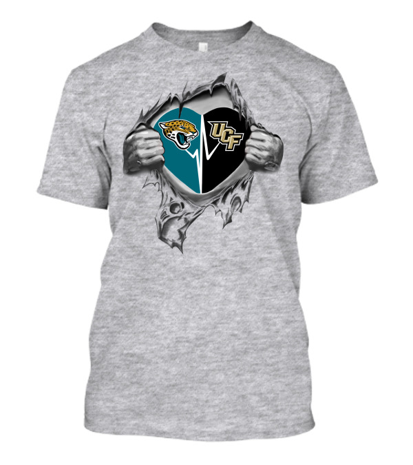 Jacksonville Jaguars Ucf Knights Heart Design Busting Through T-Shirt