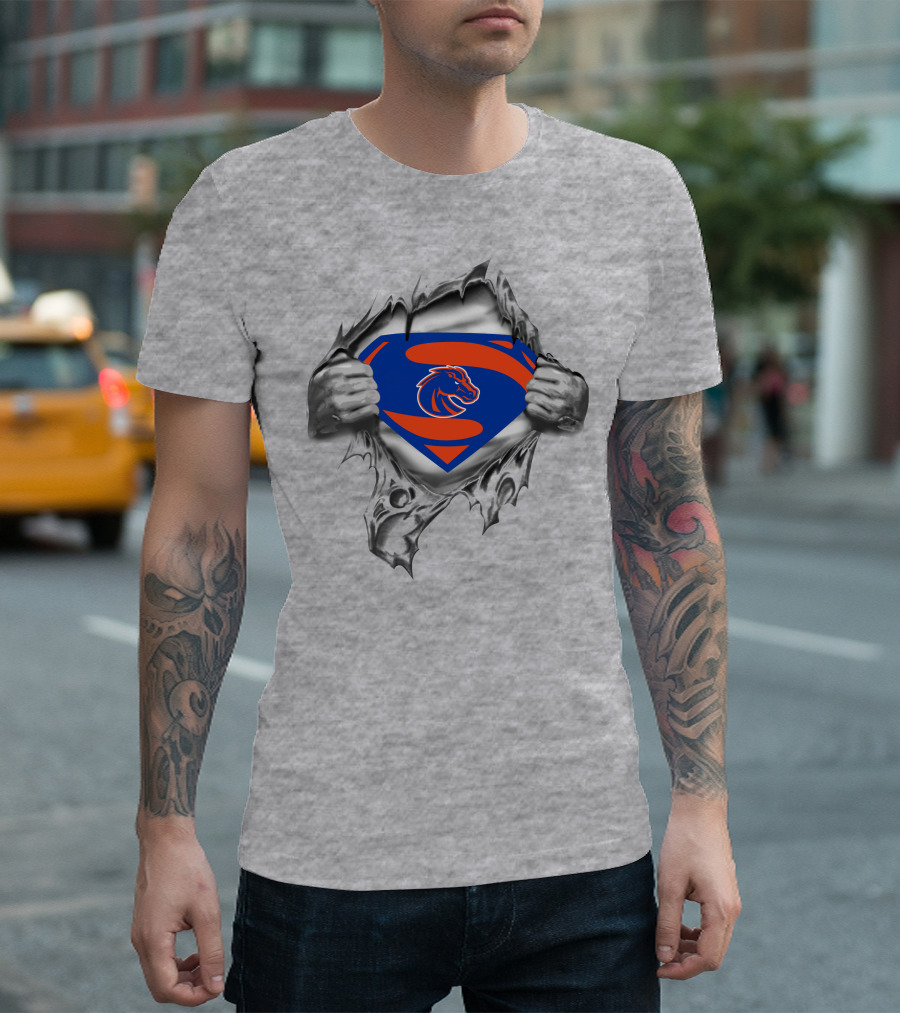 Boise State Broncos Superman Logo In Chest Rip T-Shirt