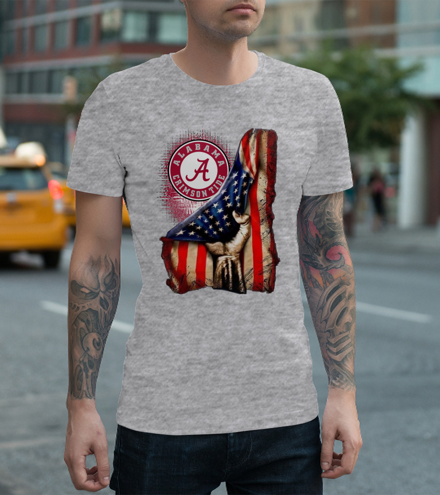 Alabama Crimson Tide American Flag Fist Outline T-Shirt