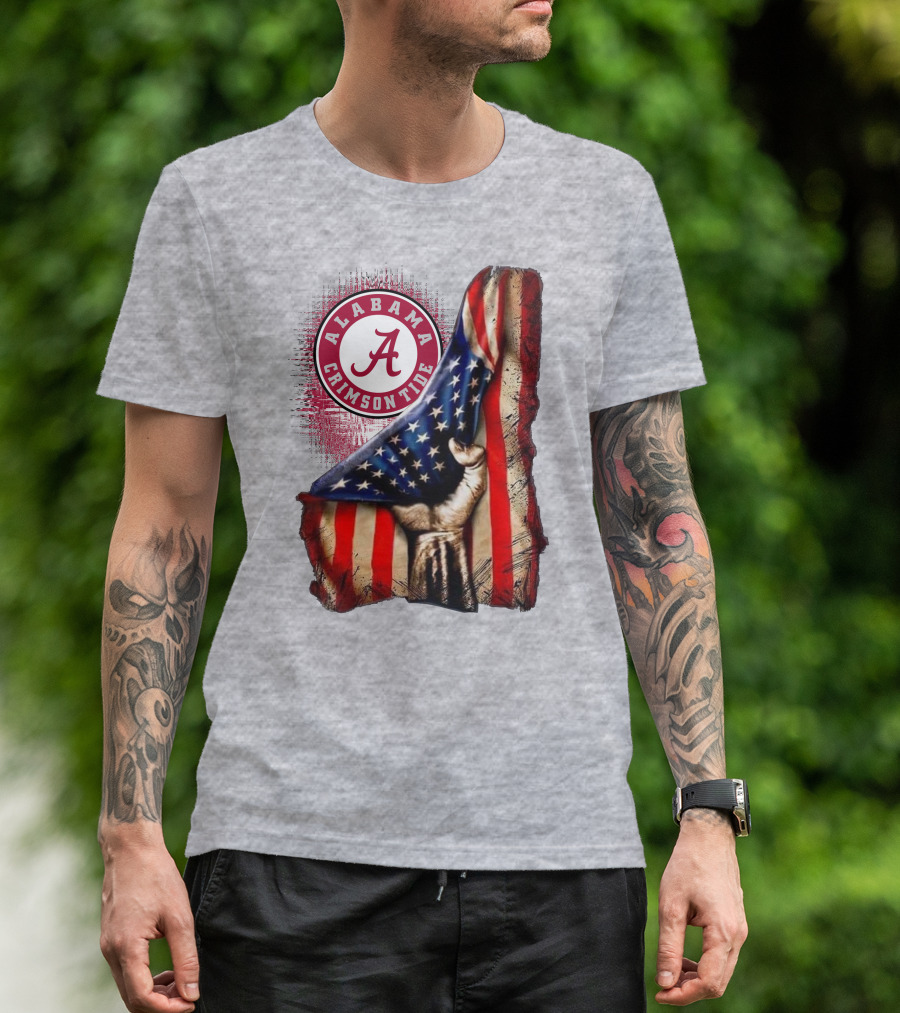 Alabama Crimson Tide American Flag Fist Outline T-Shirt