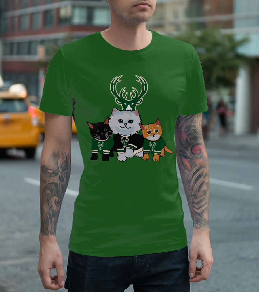 Milwaukee Bucks Cats Trio with Team Logos and Deer Antlers T-Shirt