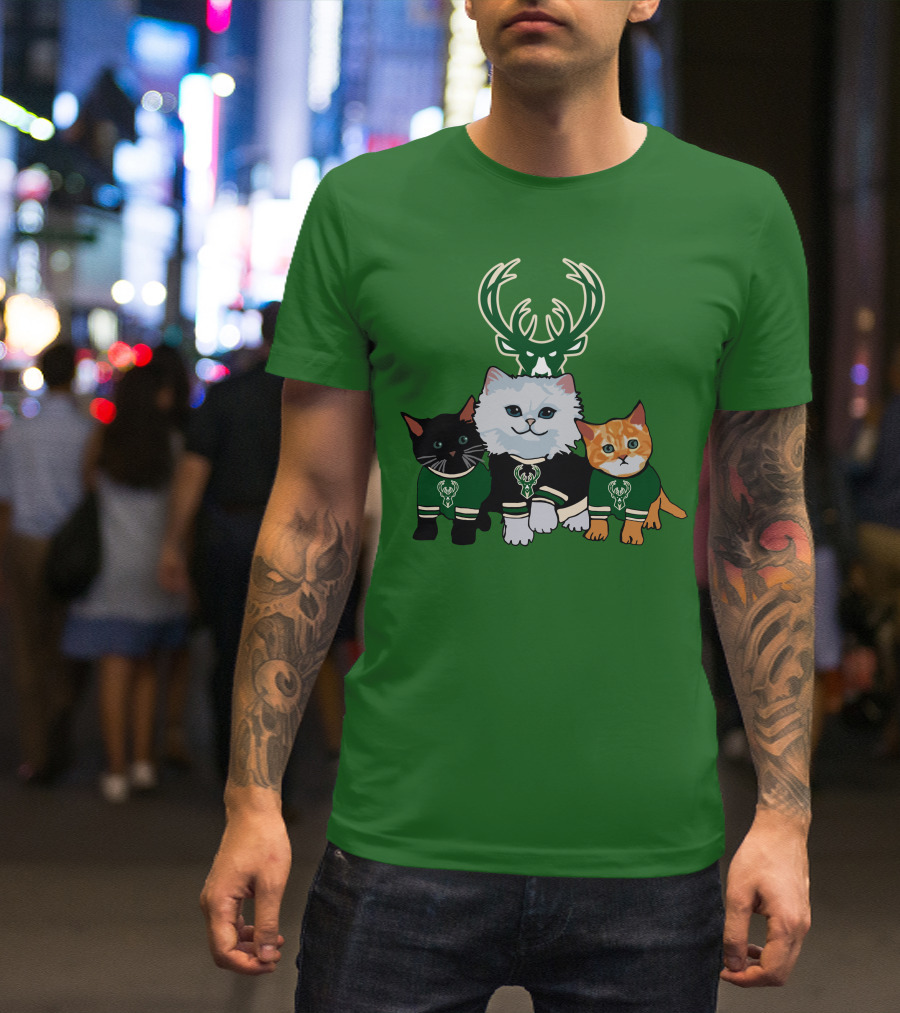 Milwaukee Bucks Cats Trio With Team Logos And Deer Antlers T-Shirt