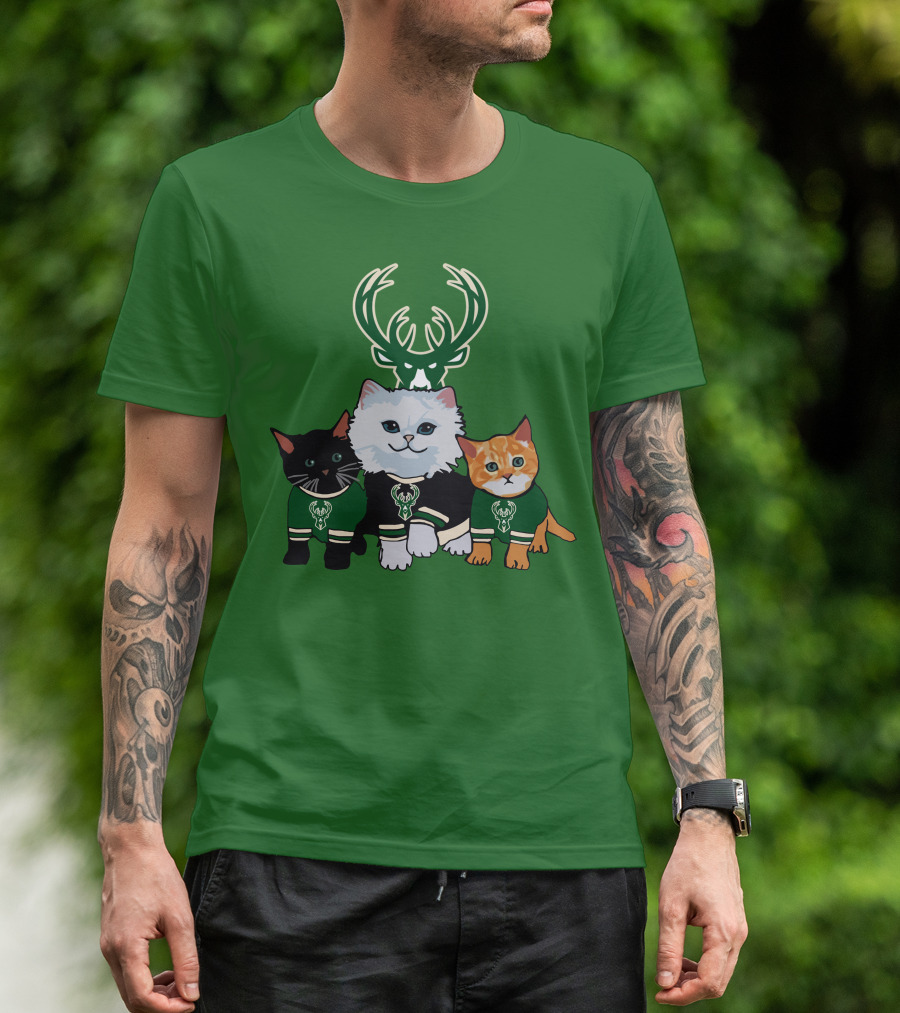 Milwaukee Bucks Cats Trio With Team Logos And Deer Antlers T-Shirt
