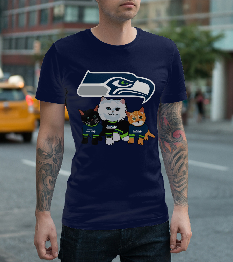 Seattle Seahawks Logo With Cats In Team Jerseys T-Shirt