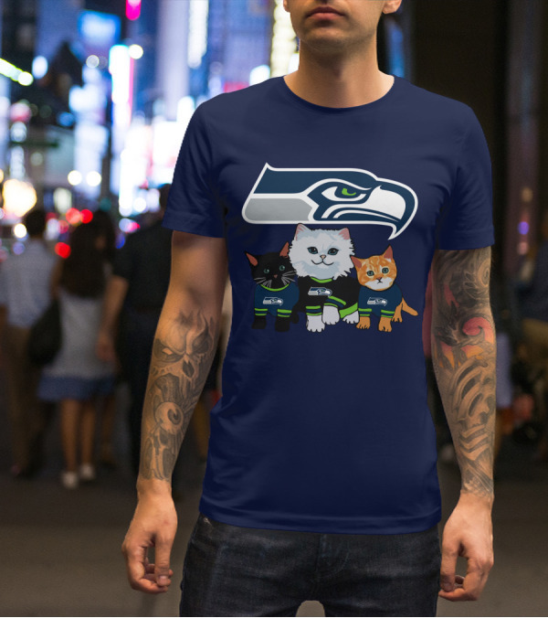 Seattle Seahawks Logo With Cats In Team Jerseys T-Shirt