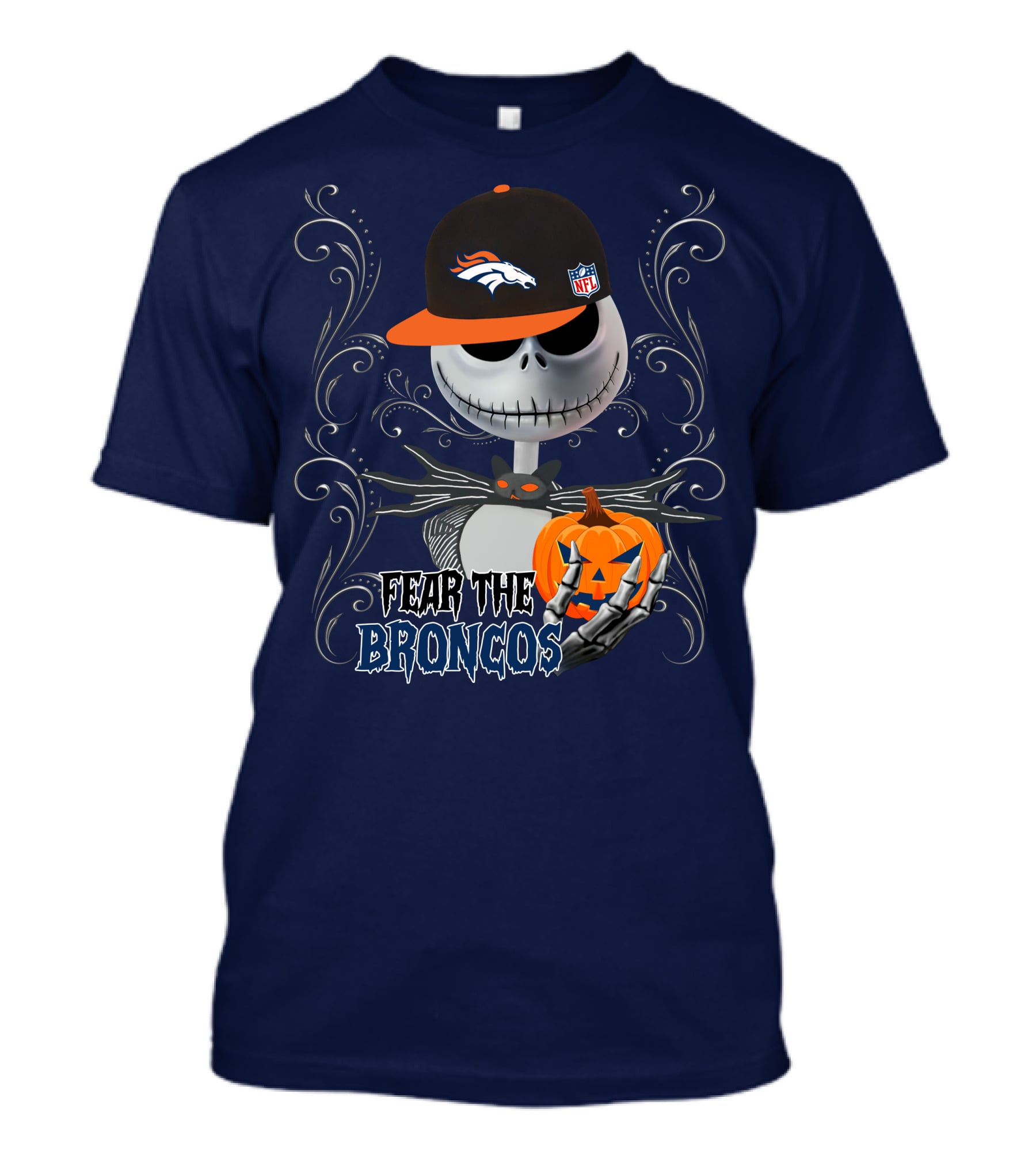 Fear The Broncos Halloween Skeleton With Denver Broncos Cap And Pumpkin T-Shirt