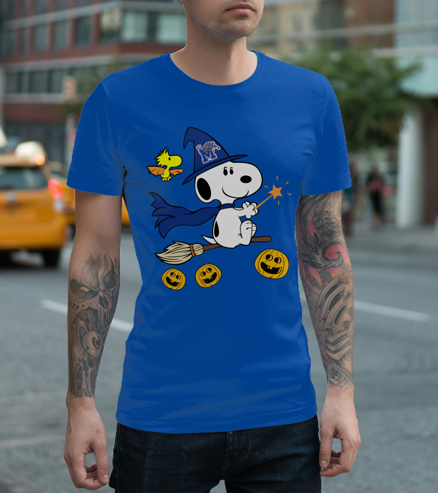 Snoopy And Woodstock Flying Witch With Memphis Tigers Hat And Happy Halloween Pumpkins T-Shirt