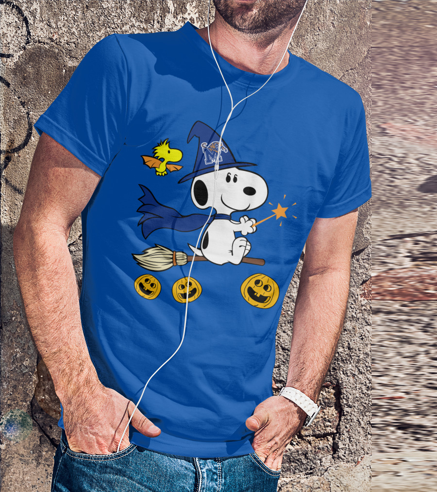Snoopy And Woodstock Flying Witch With Memphis Tigers Hat And Happy Halloween Pumpkins T-Shirt