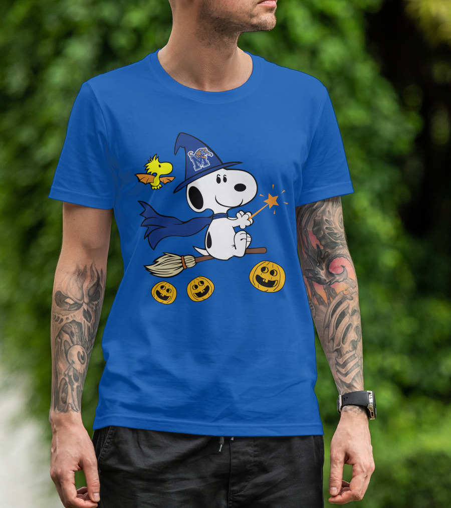 Snoopy And Woodstock Flying Witch With Memphis Tigers Hat And Happy Halloween Pumpkins T-Shirt