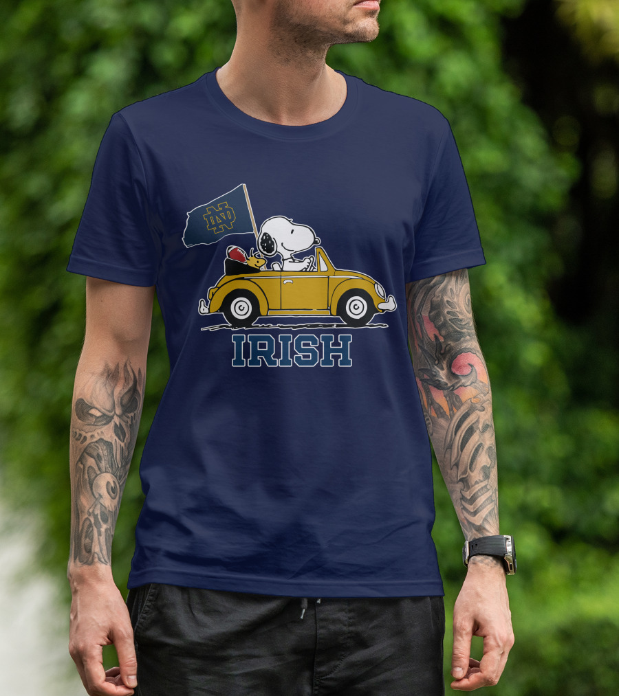 Notre Dame Fighting Irish Snoopy Driving Car With Flag T-Shirt