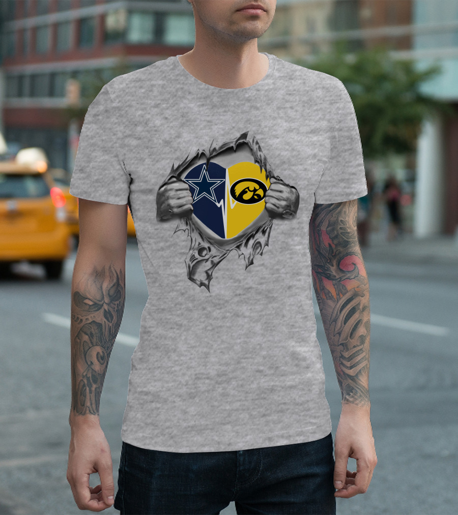 Cowboys And Iowa Hawkeyes Passion Torn Heart With Logos T-Shirt