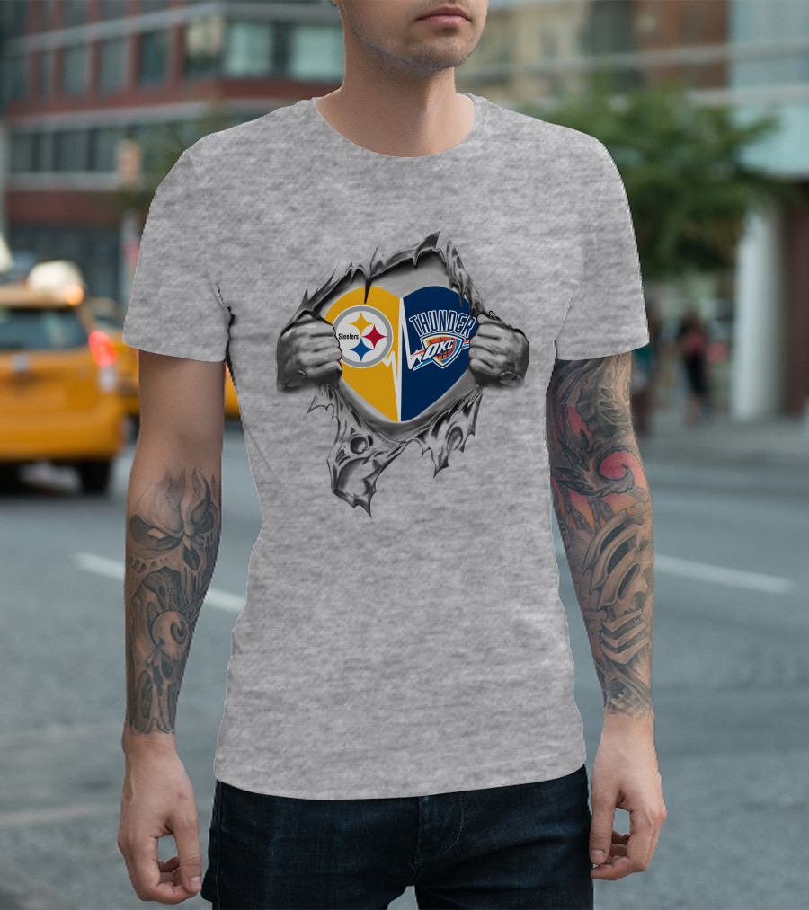 Steelers Thunder Okc Heart Symbol Pulled Apart T-Shirt