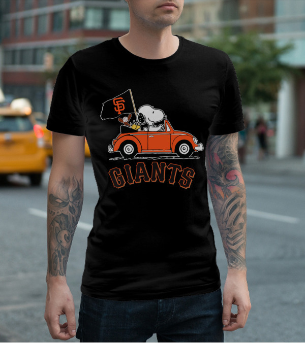 San Francisco Giants Snoopy Riding Forever With Woodstock In Orange Car T-Shirt