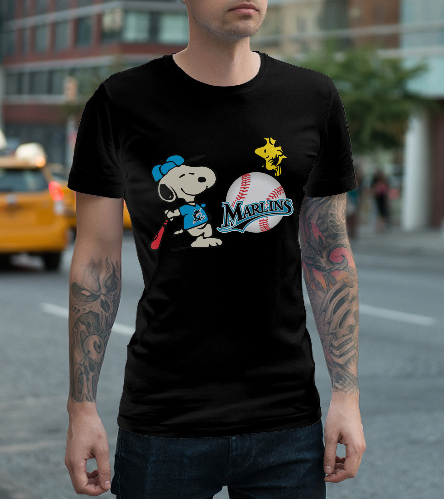 Miami Marlins Snoopy Baseball Woodstock Cartoon T-Shirt