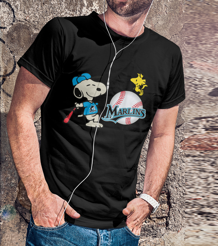 Miami Marlins Snoopy Baseball Woodstock Cartoon T-Shirt
