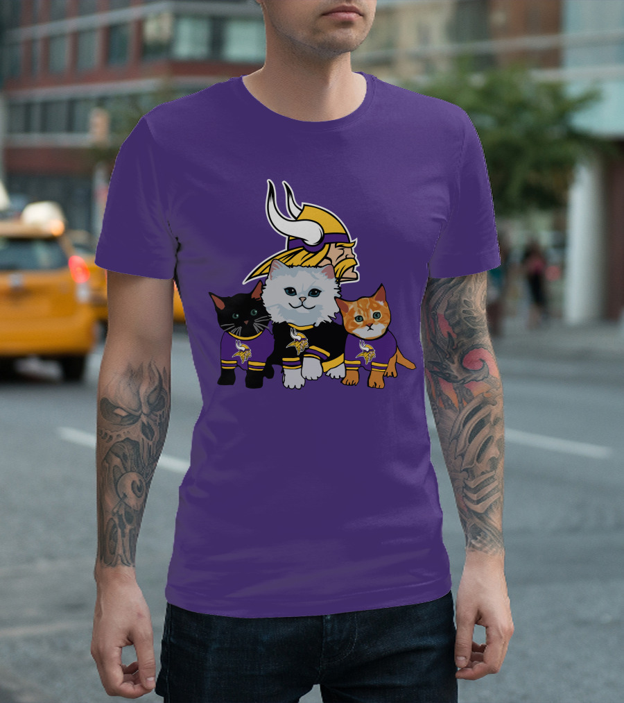 Minnesota Vikings Cats Wearing Team Jerseys with Viking Head T-Shirt