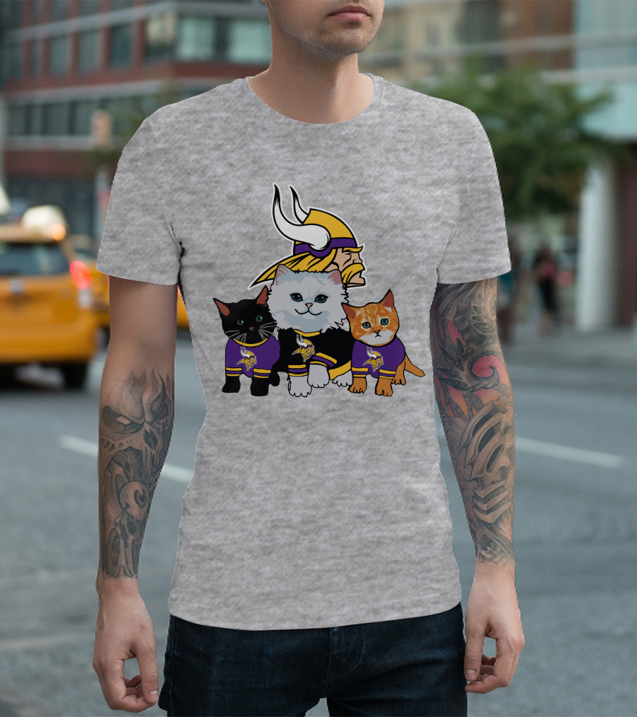 Minnesota Vikings Cats In Purple Jerseys With Viking Helmet T-Shirt