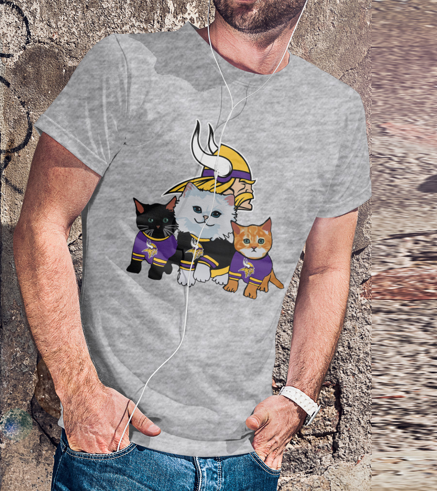 Minnesota Vikings Cats In Purple Jerseys With Viking Helmet T-Shirt