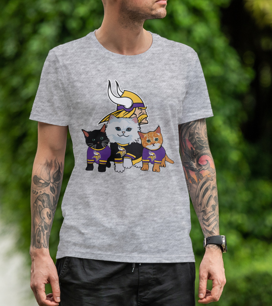 Minnesota Vikings Cats In Purple Jerseys With Viking Helmet T-Shirt