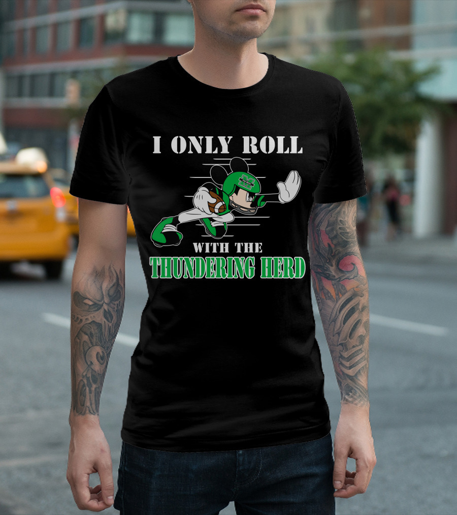 I Only Roll with the Thundering Herd Marshall M Football Player Cartoon T-Shirt