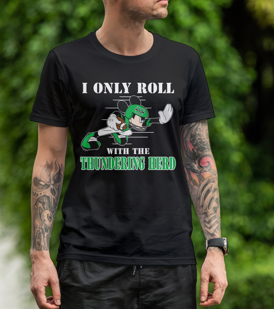 I Only Roll With The Thundering Herd Marshall M Football Player Cartoon T-Shirt
