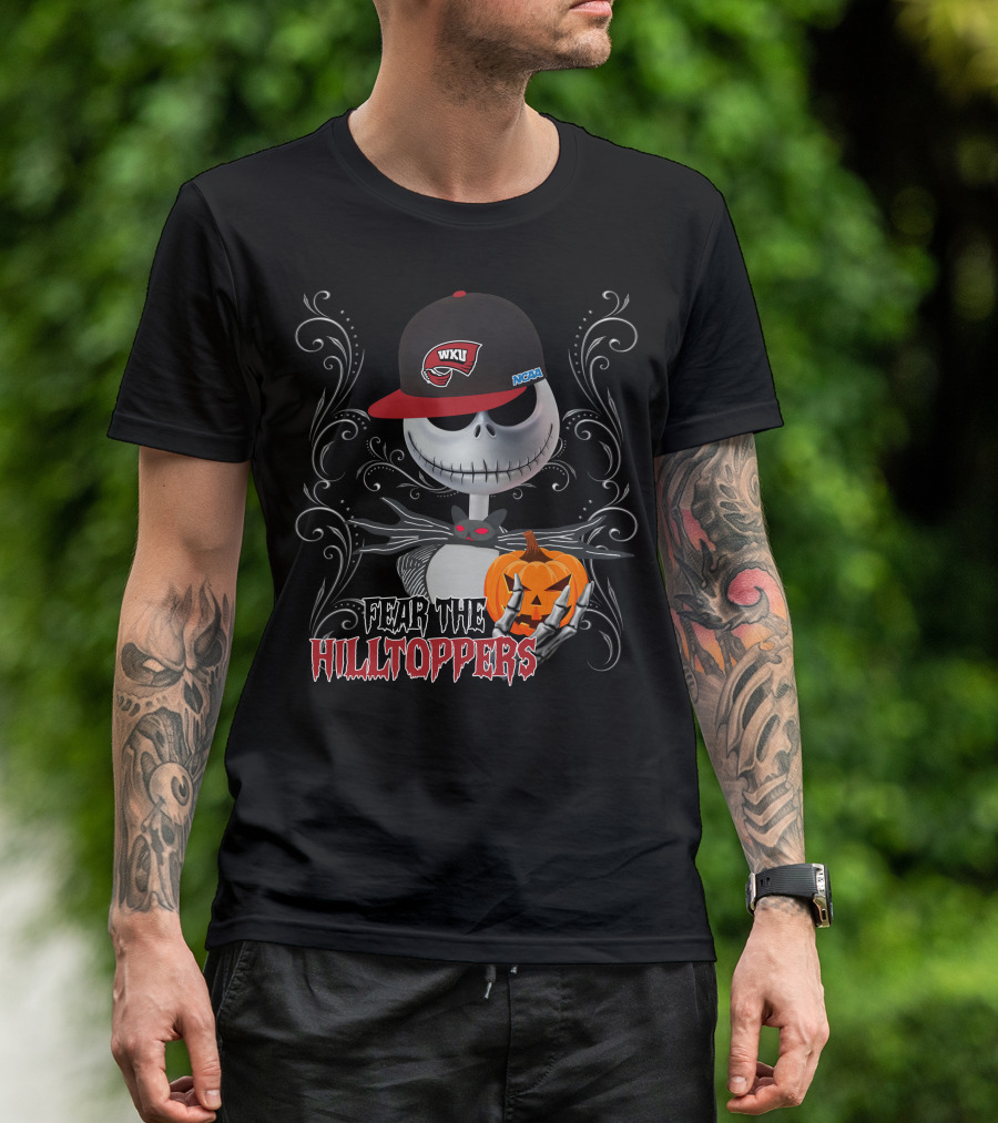 Fear The Hilltoppers WKU NCAA Halloween Jack Skellington With Pumpkin T-Shirt